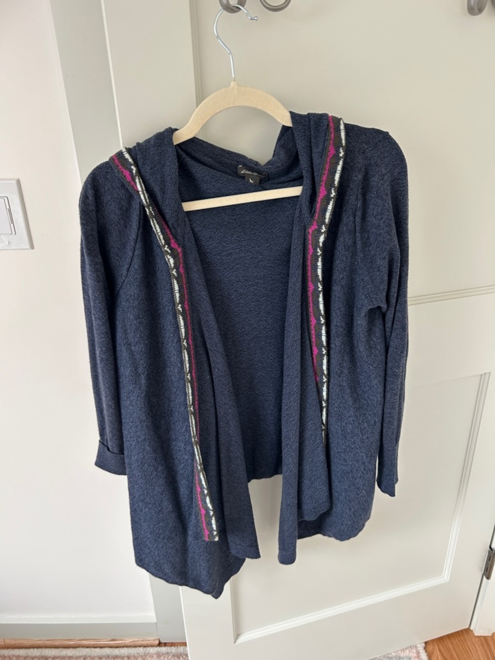 Eddie Bauer Navy Hooded Open Cardigan with Pink Trim